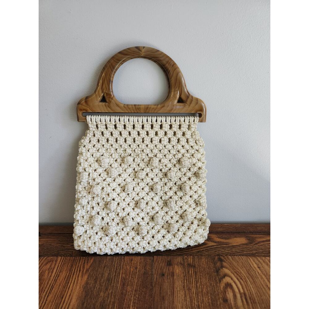 Vtg 60 70 Bohemian Crochet Macrame' Creme White Brown Handle Tote